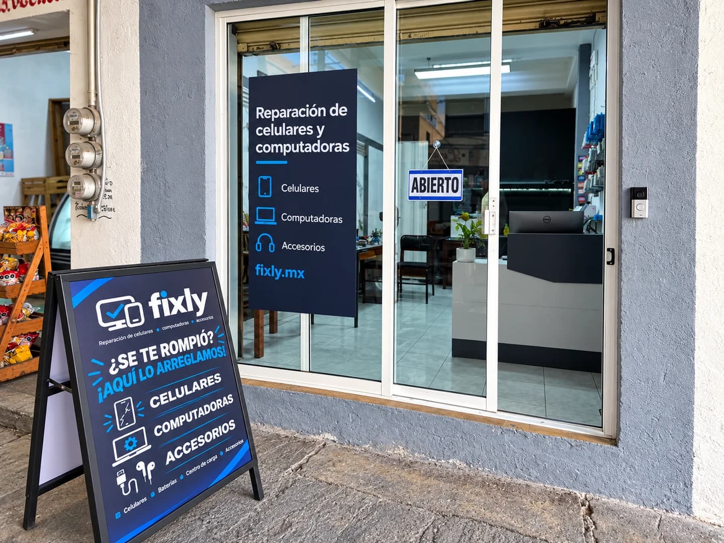 Entrada de Fixly con puerta de vidrio y letreros de reparación de celulares y computadoras.